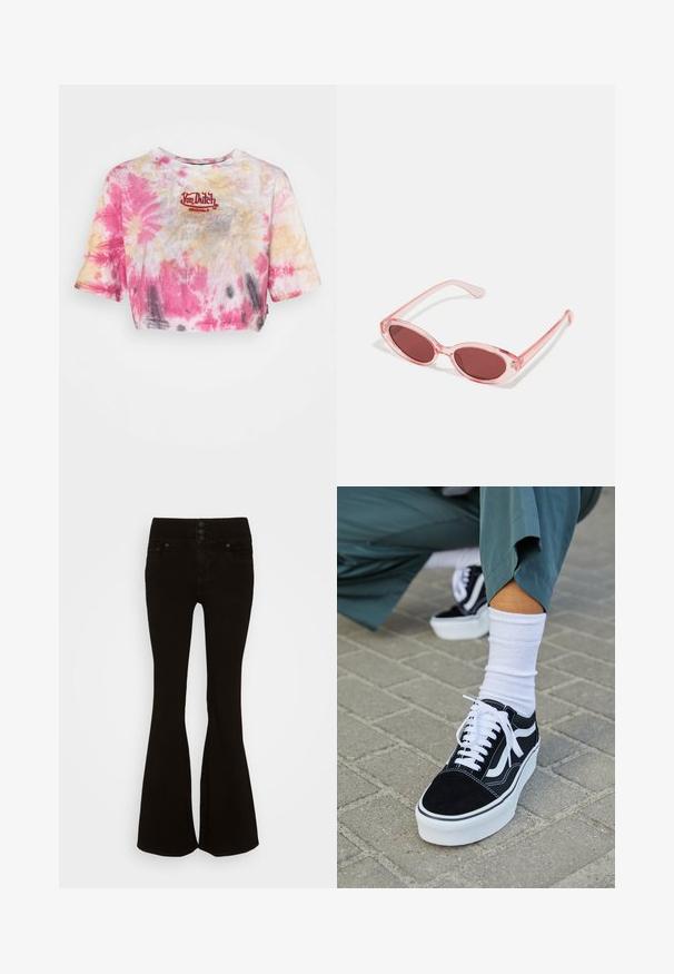 T-shirt tie-dye court en rose, jaune et gris avec un logo brodé rouge "Von Dutch Originals" sur la poitrine. Manches courtes.; American Eagle SUPER HIGH RISE - Jean flare - onyx black; Baskets en suède noir avec des accents et des lacets blancs, présentant une épaisse semelle blanche et des coutures contrastantes, associées à une chaussette blanche.; Lunettes de soleil transparentes roses avec des verres ovales, teintés d'un rouge foncé, et des branches fines, présentant une finition lisse et des détails subtils sur la monture.