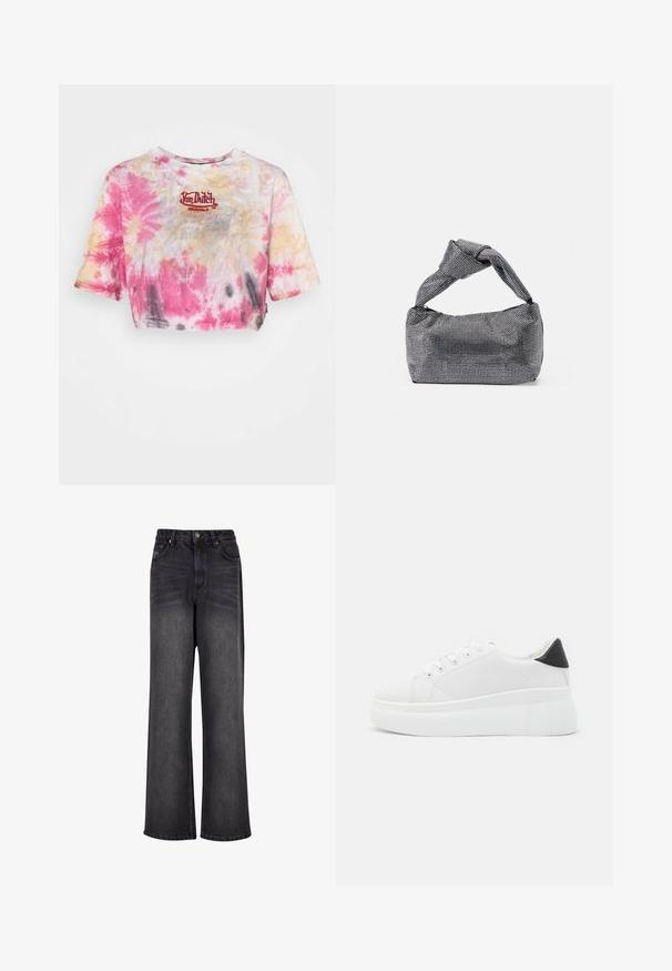 T-shirt tie-dye court en rose, jaune et gris avec un logo brodé rouge "Von Dutch Originals" sur la poitrine. Manches courtes.; Jean en denim noir à jambes larges avec une texture lisse, présentant une taille haute, des poches avant et une fermeture à bouton.; Baskets plates blanches en matériau synthétique lisse, avec un bout arrondi, un design à lacets et une semelle en caoutchouc texturé. Accent de talon noir.; Sac à main noir et argent avec une surface texturée affichant un motif en diamant, une anse nouée et une forme structurée.