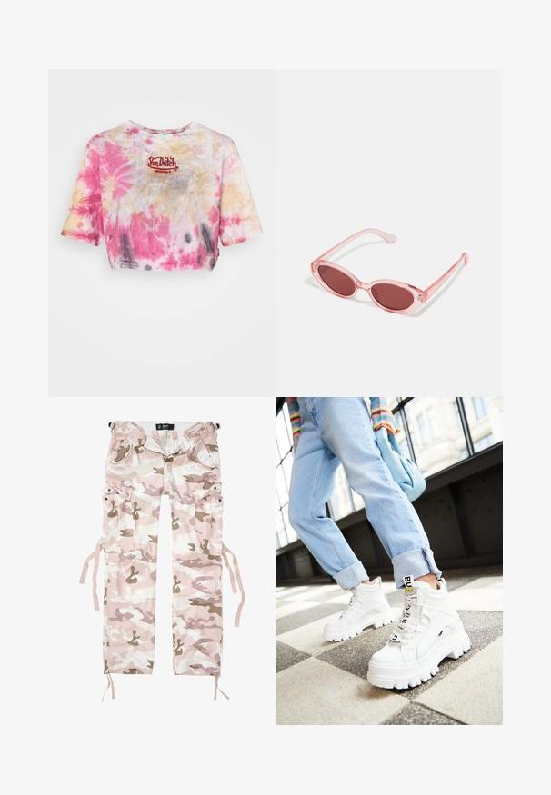 Κοντομάνικο μπλουζάκι τύπου tie-dye σε ροζ, κίτρινο και γκρίζο χρώμα, με κεντημένο κόκκινο λογότυπο "Von Dutch Originals" στο στήθος. Κομμένο σχέδιο.; Παντελόνια cargo σε καμουφλάζ με ροζ και μπεζ αποχρώσεις, από βαμβακερό υλικό, διαθέτοντας πολλές τσέπες και κορδόνια προσαρμογής στους αστραγάλους.; Λευκά χοντρά sneakers με παχιές σόλες, κορδόνια και ετικέτα επωνυμίας. Φοριούνται με ανοιχτό μπλε τζιν που είναι διπλωμένα στα μπατζάκια σε ένα με patterned δάπεδο.; Ροζ διαφανή γυαλιά ηλίου με ωοειδείς φακούς, σκούρο κόκκινο τόνισμα και κομψούς βραχίονες, με απαλή υφή και διακριτές λεπτομέρειες στο σκελετό.