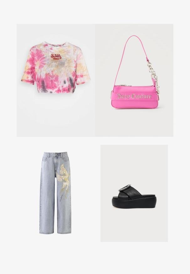Beskaaret tie-dye t-shirt i pink, gul og grå med en broderet rød "Von Dutch Originals" logo på brystet. Korte ærmer.; Lysblå vidde jeans med et sommerfuglemotiv i guld- og elfenbensbroderi, prydet med dekorative syninger.; Sort platformsandal med tykke krydsede læderremme og et stort sølvspænde på hvid baggrund.; Lille lys pink Juicy Couture håndtaske med sølvkædedetalje og logotekst på forsiden, enkelt smalt skulderrem.