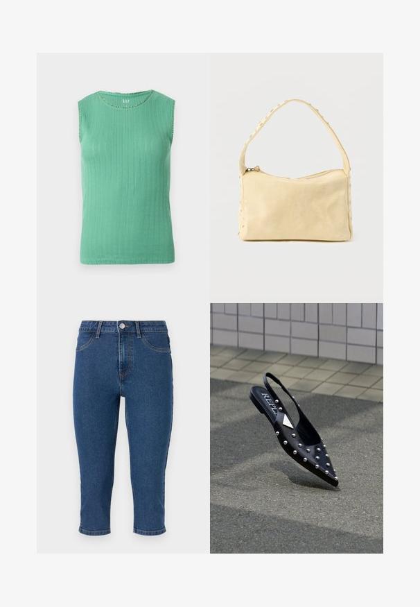 Mouwloos groen geribd gebreid topje met ronde hals en subtiel verticaal kantpatroon, getoond tegen een effen achtergrond.; Donkerblauwe denim capri-broeken met een hoge taille, vijf zakken en contrasterende stiksels. Bevat een enkele metalen knoop en een lichte tapering aan de zoom.; Zwarte puntige slingback schoen van glad materiaal, voorzien van zilveren studs, een platte zool en een logo op het voetbed.; Kleine beige leren handtas met een enkele band en zilveren studs langs de randen en band, tegen een effen achtergrond.