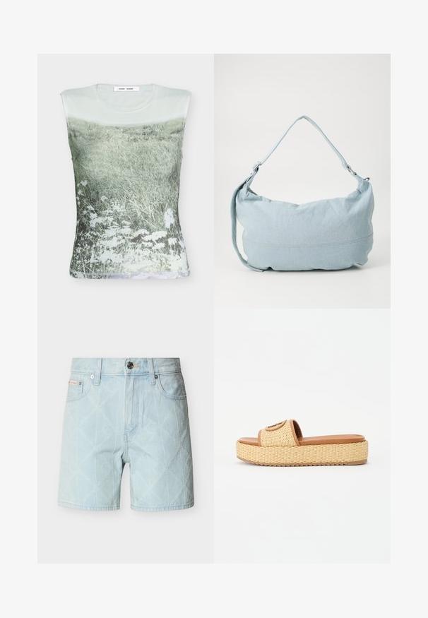Mouwloze top met een zachte, gedempte print van een grasveld en witte wilde bloemen op een lichte achtergrond.; Lichtblauwe denimshorts met een doorgestikt diamantpatroon, knoop- en ritssluiting aan de voorkant, en een ontwerp met vijf zakken.; Geweven stro slide sandalen met een tan kleurige faux leren band en een platformzool, voorzien van een textuur en een cirkelvormig accentdetail.; Lichtblauwe denim schoudertas met een ronde vorm, verstelbare schouderband en subtiele stiksels langs de onderrand. Zachte textuur.