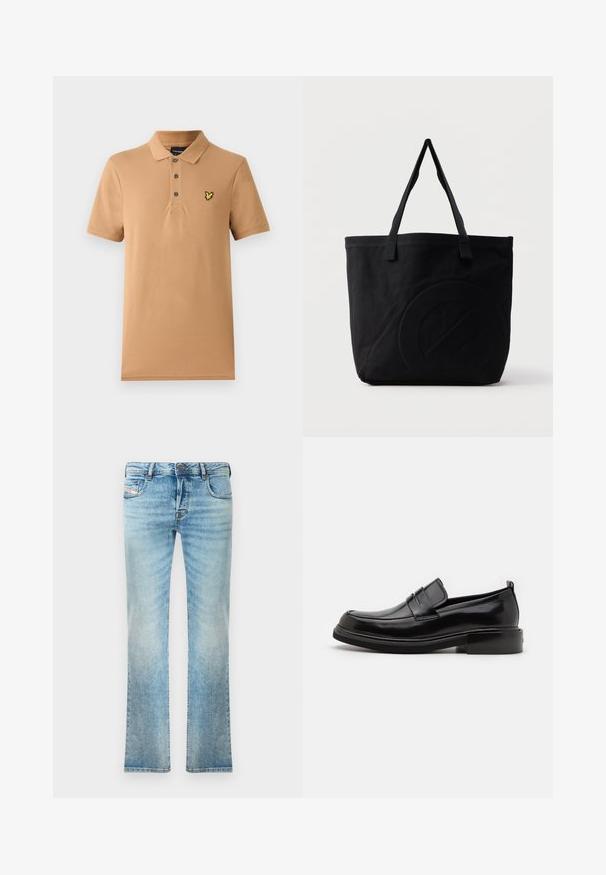 Beige Poloshirt aus weicher Baumwolle, mit einem Drei-Knopf-Verschluss und einem kleinen gelben gestickten Logo auf der linken Brust. Kurze Ärmel.; Helleblaue Denim-Jeans mit geradem Schnitt, Fünf-Taschen-Design und leichter Ausbleichung. Mit metallischem Knopf und Reißverschlussverschluss.; Calvin Klein MOCCASIN - Business-Slipper - black; Schwarze Canvas-Shopper-Tasche mit zwei Schulterriemen und einem dezenten, eingeprägten kreisförmigen Design auf der Vorderseite.