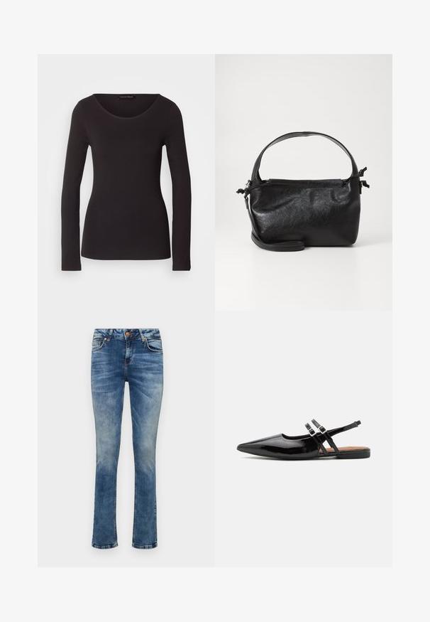 Haut noir à manches longues en tissu lisse avec un col rond et une silhouette ajustée ; ne présente aucun motif ni accent.; Jean en denim bleu clair avec une coupe droite, dotés d'une fermeture à bouton sur le devant, de cinq poches et d'un léger délavage.; Des chaussures slingbacks en cuir verni noir présentent un bout pointu, deux sangles avec des accents de boucle, et une semelle plate.; Sac à main en cuir noir au design structuré, avec une poignée arrondie et une bandoulière amovible. Présente une texture lisse et un éclat subtil.