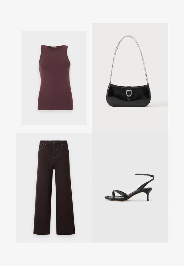Débardeur ajusté sans manches de couleur violet foncé avec un col rond et un logo discret près de l'ourlet, présenté sur un fond clair uni.; Jean noir à jambes larges avec taille haute, fabriqué en denim. Dispose de cinq poches et d'une fermeture à bouton en métal, texture lisse et design classique.; Sandale pour femme en cuir noir avec fines lanières, une boucle d'orteil, une boucle à la cheville et un talon aiguille de hauteur moyenne sur un fond neutre.; Sac à épaule en cuir verni noir avec détail de boucle argentée et bandoulière en chaîne argentée, présenté sur un fond uni clair.