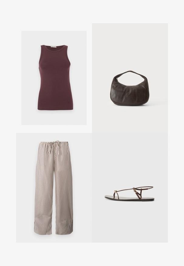 Débardeur ajusté sans manches de couleur violet foncé avec un col rond et un logo discret près de l'ourlet, présenté sur un fond clair uni.; Pantalon large à rayures verticales marron et blanches, avec taille élastique et cordon à l'avant.; Sandale en cuir marron avec des fines lanières, un accent circulaire doré et une semelle plate. Design minimaliste avec un détail de boucle réglable.; Petit sac à main marron foncé texturé avec une courte bandoulière et un fond arrondi sur un fond clair uni.