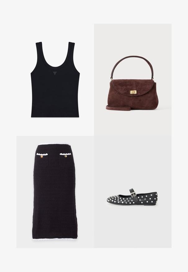 Sort ribbet ærmeløs tanktop med brede stropper og lille sort trekantet logo midt på frontens halsudskæring på hvid baggrund.; Sort strikket pencilskørt med hvid kant ved talje og skørt, med to forlommer, der hver har en guldknap.; Sorte læder flade sko med rund tå, prydet med sølvnitter i et prikket mønster og en spænde rem over vristen.; Lille brun ruskindshåndtaske med en buet klap, guld twist-lås, kort håndtag og en valgfri skulderrem på en ensfarvet baggrund.