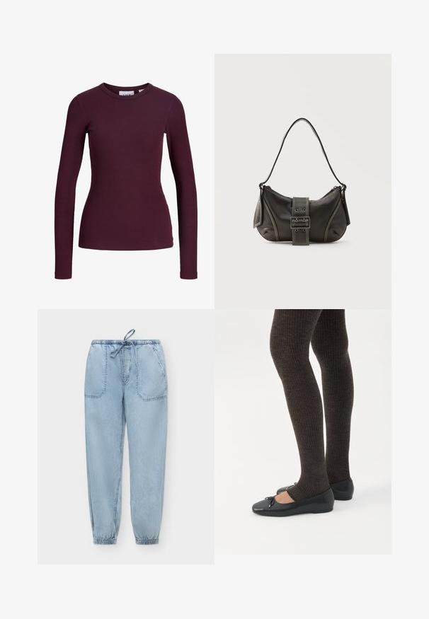 Haut ajusté à manches longues en maille côtelée violet foncé avec un col rond et sans boutons ni motifs visibles.; Pantalon jogger en denim bleu clair avec taille et poignets élastiques, poches plaquées à l'avant et lien coulissant à la taille.; Jambes portant des leggings côtelés foncés associés à des ballerines noires avec de petits détails en nœud sur fond blanc.; Sac à épaule en cuir noir avec une sangle à boucle, des bords arrondis et des coutures blanches contrastées sur un fond uni.