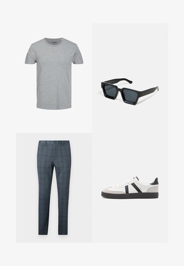Grijze T-shirt met korte mouwen, gemaakt van zachte katoen. Kenmerkt zich door een klassieke ronde halslijn en een reguliere pasvorm. Eenvoudig ontwerp zonder patronen of accenten.; Slim-fit herenkleedbroek in blauwgrijs met een subtiel ruitpatroon, voorste knoop, riemlussen en een vlak ontwerp aan de voorkant.; Witte sneaker met zwarte en grijze accenten, voorzien van een grijze neus met textuur, zwarte rubberen zool en platte witte veters. Schoon ontwerp, minimalistische stijl.; Zwarte rechthoekige zonnebril met donkere lenzen. Dikke, gladde kunststof montuur met een licht glanzende afwerking en rechte veren.