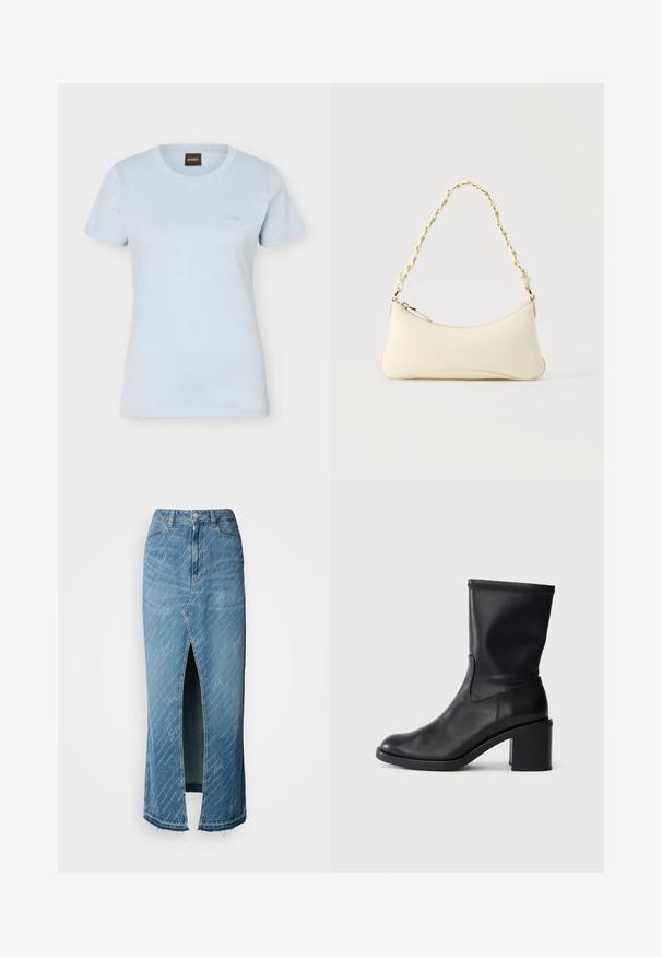 Lichtblauw dames T-shirt met korte mouwen en ronde hals, met klein "BOSS"-logo geborduurd op de linkerborst en een zwart label aan de binnenkant van de kraag.; Blauwe denim midi-jurk met een voorknoop, vervaagde textuur en wit scriptpatroon. Beschikt over een klassieke tailleband en een rafelige zoom.; Zwarte leren enkellaars met een ronde neus, een gladde textuur en een chunky hak, met een strak schacht en subtiele stiksels.; Kleine handtas in crèmekleur met een gebogen vorm en gevlochten kettinghengsel in goudkleur, ritssluiting aan de bovenkant