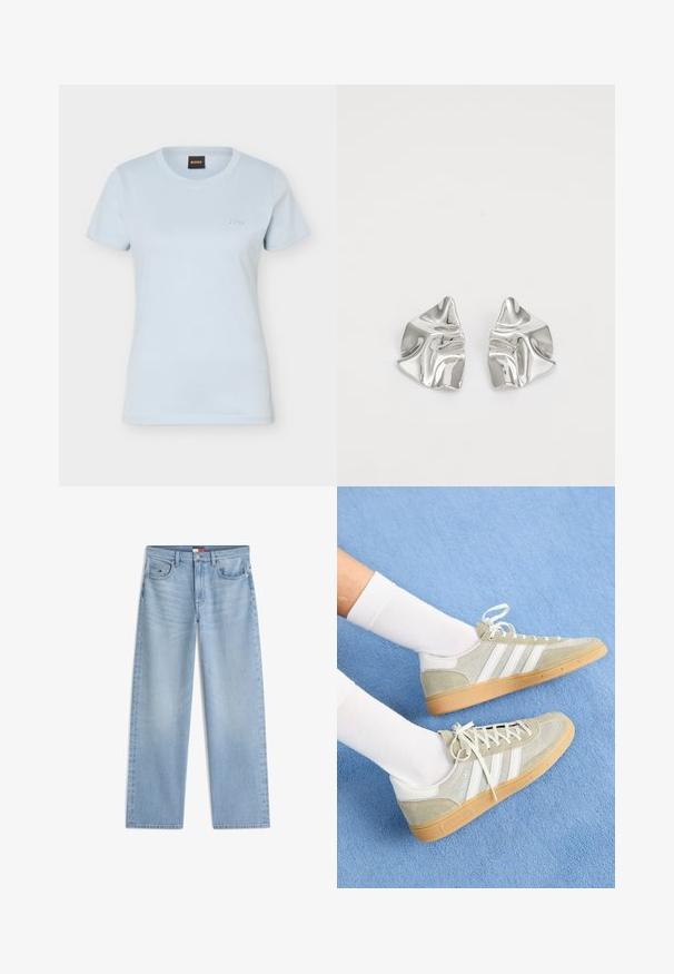 Lyseblå kvinder kortærmet T-shirt med rund hals og lille "BOSS"-logo broderet på venstre bryst samt sort mærkat indeni kraven.; Lyseblå jeans med lige ben, forlommer, bæltestropper og lukning med knap og lynlås.; Lys grå ruskinds sneakers med hvide gummidetaljer, der har tre hvide striber og en gummisål, båret med hvide sokker på en blå baggrund.; Sølvmetal øreringe med et bølgende, skulpturelt design, der har en poleret overflade og uregelmæssige former, hvilket fremhæver en moderne æstetik.