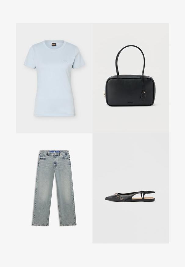 T-shirt pour femmes bleu clair à manches courtes, col rond, avec petit logo "BOSS" brodé sur la poitrine gauche et étiquette noire à l'intérieur du col.; Jean large bleu clair en denim, avec des zones délavées, cinq poches et une ceinture bleue à logo.; Mocassin plat à bout pointu en cuir noir avec breloques décoratives dorées sur le dessus et une petite bride à boucle au talon.; Sac à main rectangulaire noir avec doubles poignées arrondies, fermeture éclair dorée et logo "HUGO" embossé sur le devant avec une étiquette en cuir attachée.