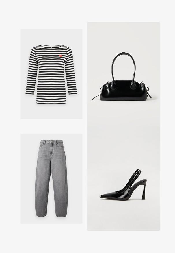 Langermet svart og hvit skjorte med horisontale striper og liten rød hjerte-detalj på øvre venstre bryst.; Høytlivs, løstsittende grå denimjeans med frontknapp, glidelåslukking, beltestropper og design med fem lommer.; Svart patentlæder slingback pumpe med spids tå, slank høj hæl og dobbelt elastisk rem for sikker pasform. Glat, skinnende overflade.; Liten svart blank håndveske med to lange håndtak og sidesnorer detaljer på en ensfarget lys bakgrunn.