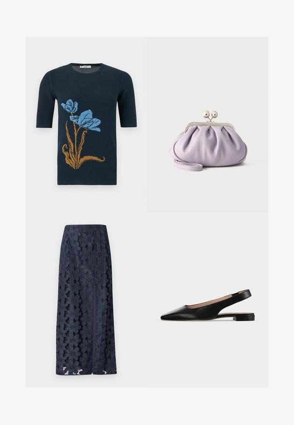 Pull à manches courtes bleu marine avec une grande tige marron et deux fleurs bleues sur le devant.; Jupe en dentelle bleu marine avec des motifs floraux, une coupe droite et une fente sur le côté pour faciliter les mouvements. Texture douce et détails complexes.; Chaussure plate en cuir noir avec bride arrière, bout pointu et petit talon carré sur fond blanc.; Pochette lavande douce avec tissu froncé, fermoir kiss-lock argenté et bracelet assorti sur un fond clair uni.