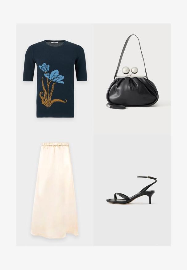 Pull à manches courtes bleu marine avec une grande tige marron et deux fleurs bleues sur le devant.; Longue jupe en satin couleur crème avec taille élastique et motif floral subtil, présentée à plat sur un fond neutre.; Sandale pour femme en cuir noir avec fines lanières, une boucle d'orteil, une boucle à la cheville et un talon aiguille de hauteur moyenne sur un fond neutre.; Sac à main en cuir noir avec un design plissé, une sangle unique, un cadre métallique argenté et deux grandes fermoirs ronds en argent.