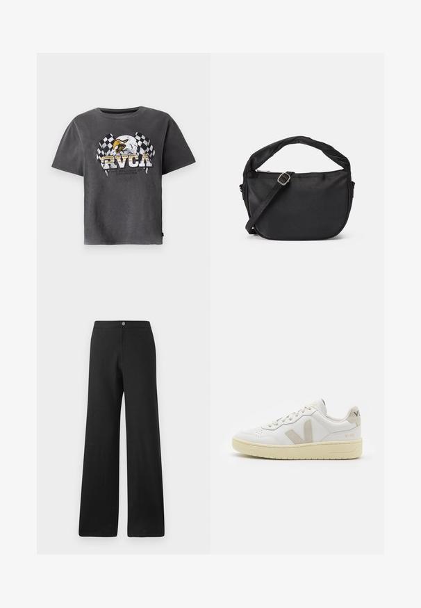 Grå bomulds t-shirt med korte ærmer, der har en ørn grafisk og ternede flag. Designet inkluderer teksten "RVCA" og et slogan nedenfor.; Sorte bukser med vid ben lavet af et blødt stof, med knaplukning foran, rene linjer og et minimalistisk design uden mønstre.; Hvide lærreds sneakers med beige ruskindsdetaljer, perforeret tåboks, flade snørebånd og en struktureret cremefarvet sål. Har diskret branding på hælen.; Sort stof skuldertaske med et snoet håndtag, en aftagelig rem og en lynlåslukning i toppen. Glat tekstur og minimalistisk design.