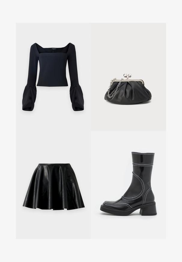 Sort langærmet top med firkantet halsudskæring, der har voluminøse manchetærmer og en tætsiddende boog i et glat materiale.; Sort læder nederdel i flare-stil med en glat tekstur, bred kant og en tætsiddende talje. Overfladen har en subtil glans og ingen synlige dekorationer.; Sort patenteret læder ankelstøvle med hvid stikning, rund tå og blokhæl. Har buede designlinjer og en glat tekstur.; Sort læder clutch med samlet tekstur, sølvfarvet metalramme, kys-lås lukning og kædestrop. Glat, blød overflade.