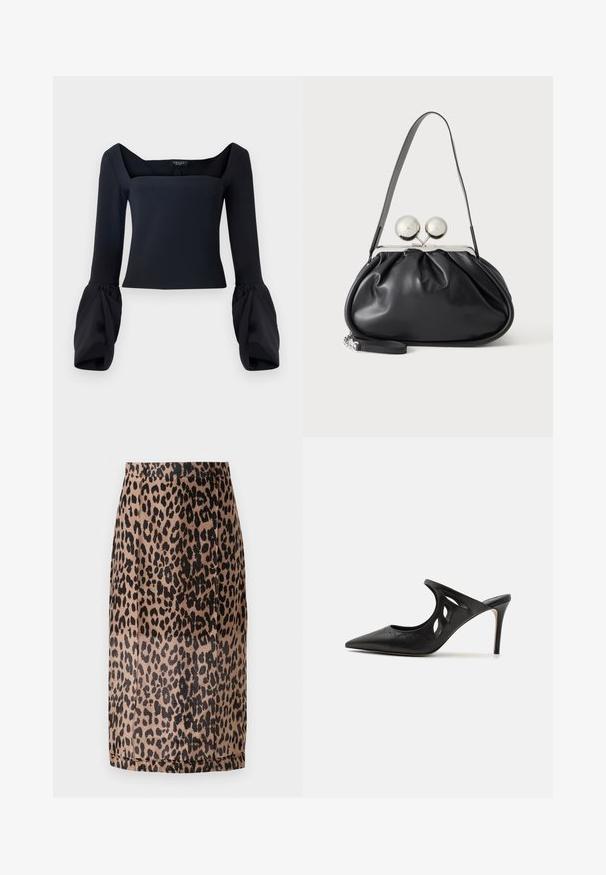Sort langærmet top med firkantet halsudskæring, der har voluminøse manchetærmer og en tætsiddende boog i et glat materiale.; Leopardmønstret blyantskirt i beige og sort. Glat stof, tætsiddende design med knælang skæring og en skjult talje. Ingen synlige lukninger.; Sorte læder højhælede mules med spids tå, udskåret sideskærm og glat tekstur. Stiletthæl og subtil syning.; Sort læderhåndtaske med opsamlet design, en enkelt rem, sølv metalramme og to store runde sølv lukninger.