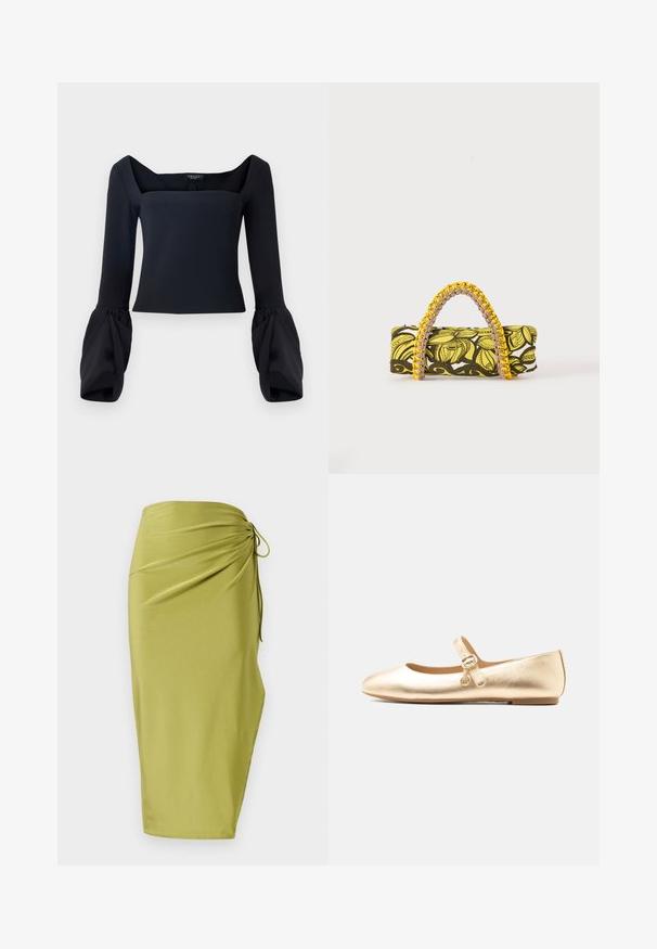 Must kastani pikkade varrukatega topp nelinurga kaelusega, millel on mahukad mansetid ja sobiv kehaosa, valmistatud siledast kangast.; Knee-length wrap seelik heledas oliivrohelises toonis, valmistatud siledast kangast, külgedel rütmimisega ja vöökohtade sidumisdetailiga.; Kuldne metallikvärvi Mary Jane platssuss rihmakinnituse ja väikese ümmarguse ripatsiga valgel taustal, külgvaates.; Ristkülikukujuline kott kollase ja musta lillemustriga ning punutud kollase-roosa sangaga valgel taustal.