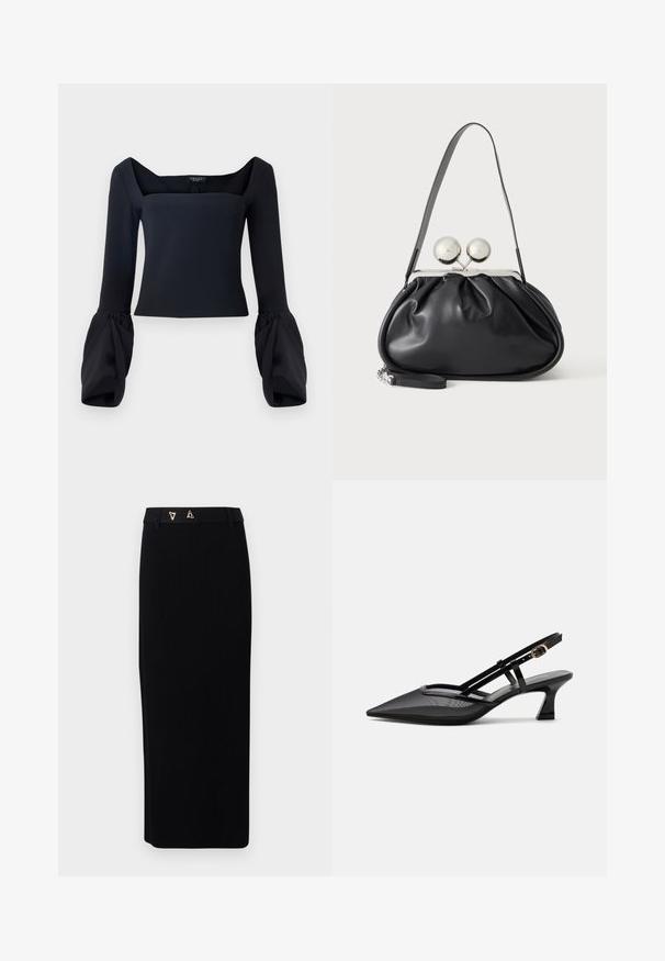 Schwarz langärmliges Oberteil mit quadratischem Ausschnitt, voluminösen, gefütterten Ärmeln und einem taillierten Oberteil aus einem glatten Stoff.; AERON FORUM - Bleistiftrock - black; Schwarzer spitzer Slingback-Schuh mit Mesh-Obermaterial, dünnen Riemen, goldener Schnalle und niedrigem, geschwungenem Absatz auf weißem Hintergrund.; Schwarze Ledertasche mit gerafftem Design, einem einzelnen Riemen, silbernem Metallrahmen und zwei großen runden silbernen Verschlüssen.