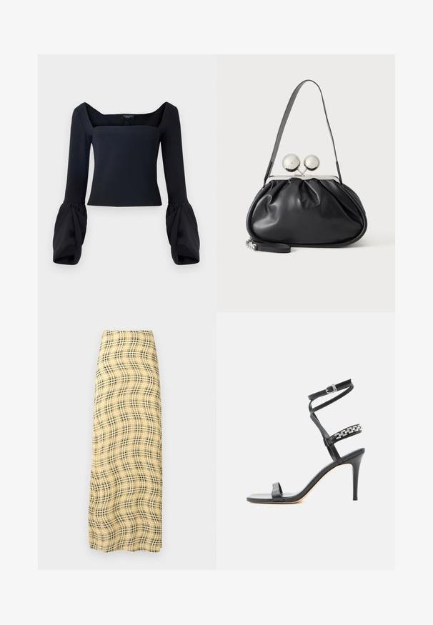 Haut noir à manches longues avec un décolleté carré, présentant des manches volumineuses à poignet et un corps ajusté en tissu lisse.; Rabanne Jupe longue - green/yellow/cream; Sandale noire à talon haut avec fine bride à la cheville, bride médiane décorée de maillons de chaîne argentés, et design à bout ouvert.; Sac à main en cuir noir avec un design plissé, une sangle unique, un cadre métallique argenté et deux grandes fermoirs ronds en argent.