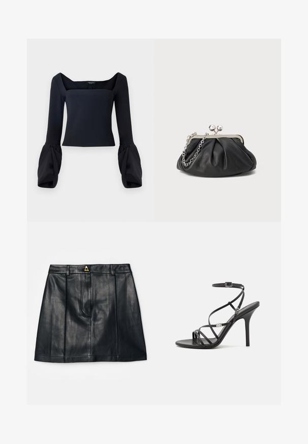 Top negro de manga larga con escote cuadrado, que presenta mangas voluminosas con puños y un cuerpo ajustado hecho de una tela suave.; AERON RUDENS SKIRT - Falda acampanada - black; Sándalo negro de tacón alto con tiras finas, hebilla en el tobillo, superficie de cuero suave y tacón de aguja esbelto.; Clutch de cuero negro con textura arrugada, marco de metal en tono plateado, cierre de beso y cadena para colgar. Superficie suave y lisa.
