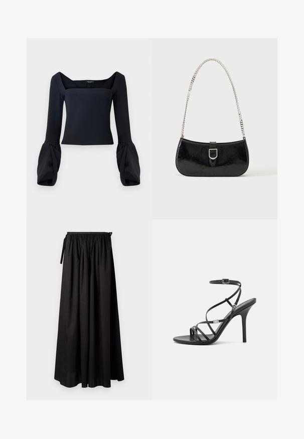 Black long-sleeve top with a square neckline, featuring voluminous cuffed sleeves and a fitted bodice made from a smooth fabric.; Black maxi skirt made of lightweight fabric, featuring an elastic waistband with ties, and a flowy design with a smooth texture.; Black high-heeled sandal with thin straps, an ankle buckle, a smooth leather surface, and a slender stiletto heel.; Black patent leather shoulder bag with silver buckle detail and a silver chain strap, displayed against a plain light background.
