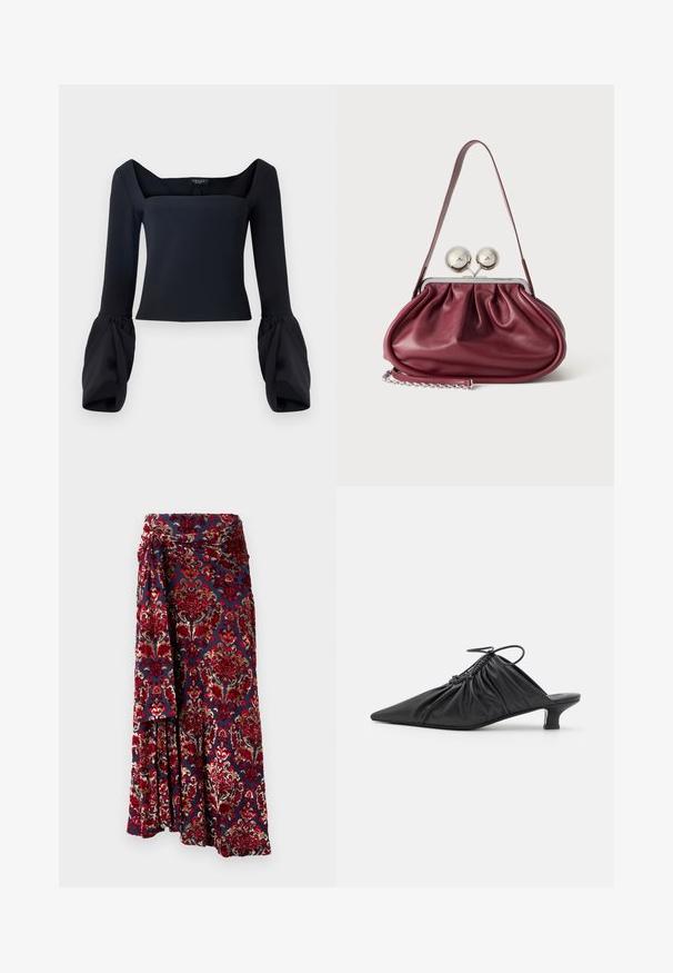 Must kastani pikkade varrukatega topp nelinurga kaelusega, millel on mahukad mansetid ja sobiv kehaosa, valmistatud siledast kangast.; Rabanne Maksiseelik - tapestry/navy/burgundy/red/cream; Mustad nahast libisemisega mullingud terava varbaga, volditud tekstuuriga ja väikese kitinõelaga. Omab tõmbluku detaili avas.; Väike burgundia nahast käekott kortsudetailidega, õhukese rihmaga ja kahe suure ringikujulise nööbiga hõbedane kinnitus.