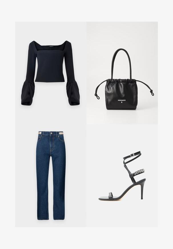 Sort langærmet top med firkantet halsudskæring, der har voluminøse manchetærmer og en tætsiddende boog i et glat materiale.; Rabanne Jeans Straight Leg - dark blue denim; Sort højhælet sandal med tynd ankelrem, midtfodsrem dekoreret med sølvkædeled og åben tå-design.; Sorte læderhåndtaske med en blød, sammensnøret toplukning og lange skulderstropper. Har et logo i hvidt på fronten. Glat tekstur.