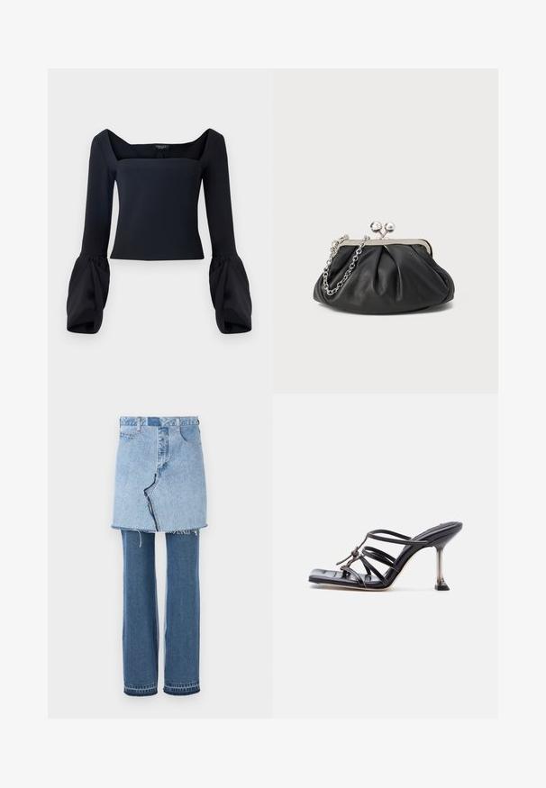 Sort langærmet top med firkantet halsudskæring, der har voluminøse manchetærmer og en tætsiddende boog i et glat materiale.; Denim beklædning, der kombinerer en lys blå miniskørt ovenfor og mørkeblå udvidede jeans nedenfor; har frynset kant og klassisk denimtekstur.; Sort højhælet sandal med stropper, firkantet tå og tynd stilet hæl, med overlappende stropper og en knudedetalje på overdelen.; Sort læder clutch med samlet tekstur, sølvfarvet metalramme, kys-lås lukning og kædestrop. Glat, blød overflade.