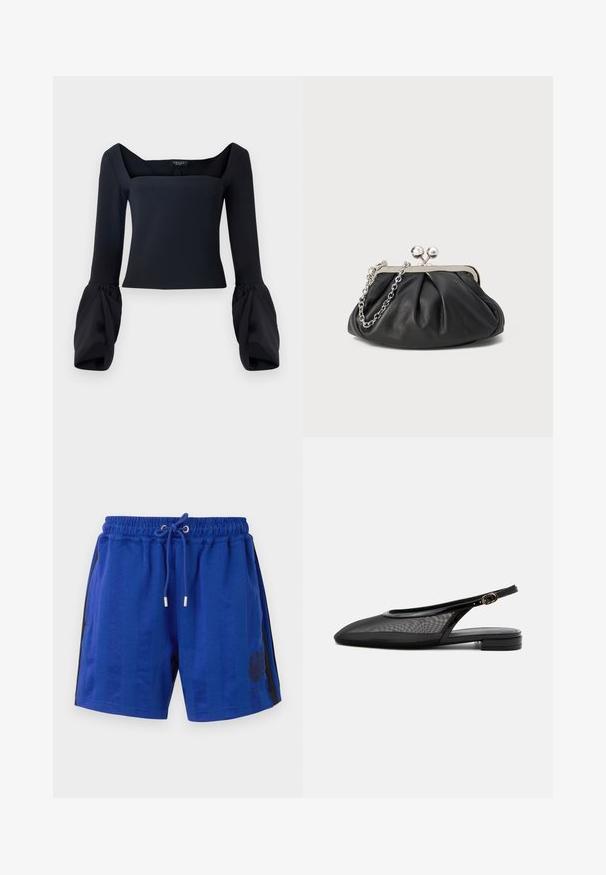 Top negro de manga larga con escote cuadrado, que presenta mangas voluminosas con puños y un cuerpo ajustado hecho de una tela suave.; Pantalones cortos deportivos azules con una cintura elástica, cordón, rayas negras laterales y un diseño de heráldica floral. Textura de tela suave.; Zapato plano negro tipo slingback con punta estrecha, parte superior de malla, correa ajustable con hebilla y tacón bajo apilado sobre fondo blanco.; Clutch de cuero negro con textura arrugada, marco de metal en tono plateado, cierre de beso y cadena para colgar. Superficie suave y lisa.