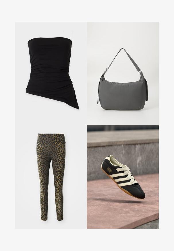 Schwarzes trägerloses Top mit Raffung, asymmetrischem Saum, figurbetonter Silhouette und glattem Stoff.; Leggings mit Leopardenmuster, ausgestattet mit einem hohen Bund, dehnbarem Stoff und schwarzen Akzenten auf einem hellbraunen Grund, konzipiert für Komfort und guten Sitz.; Schwarzer Sportschuh mit cremefarbenen Streifen und Schnürsenkeln, mit niedrigem Profil, glatter Textur und einer Gummisohle für guten Halt. Markenlabel sichtbar.; Grau gepolsterte Schultertasche mit einer geschwungenen Form, glatter Textur, verstellbarem Träger und einem dezent prägierten Logo auf der Vorderseite.