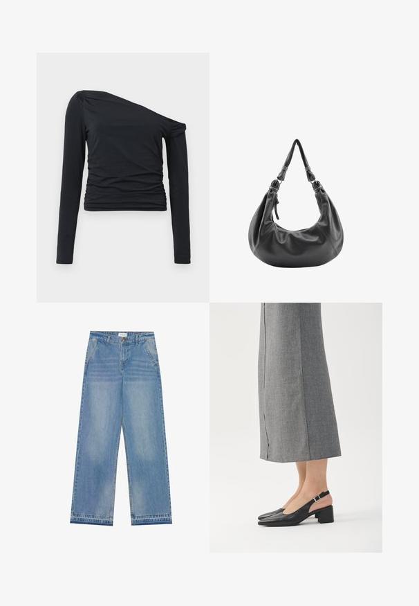 Haut noir à manches longues avec un design asymétrique, doté d'une texture froncée sur le côté. Fabriqué en tissu doux et extensible pour plus de confort.; Jean large taille haute bleu clair avec fermeture à bouton, poches avant, passants de ceinture et détails légèrement décolorés.; Chaussures slingback en cuir noir avec bout pointu, talon bloc et accent de talon rose contrastant. Texture lisse avec un design minimaliste.; Sac hobo en cuir noir avec une texture lisse, une forme incurvée et une bandoulière unique ornée d'accents métalliques et d'une fermeture zippée.