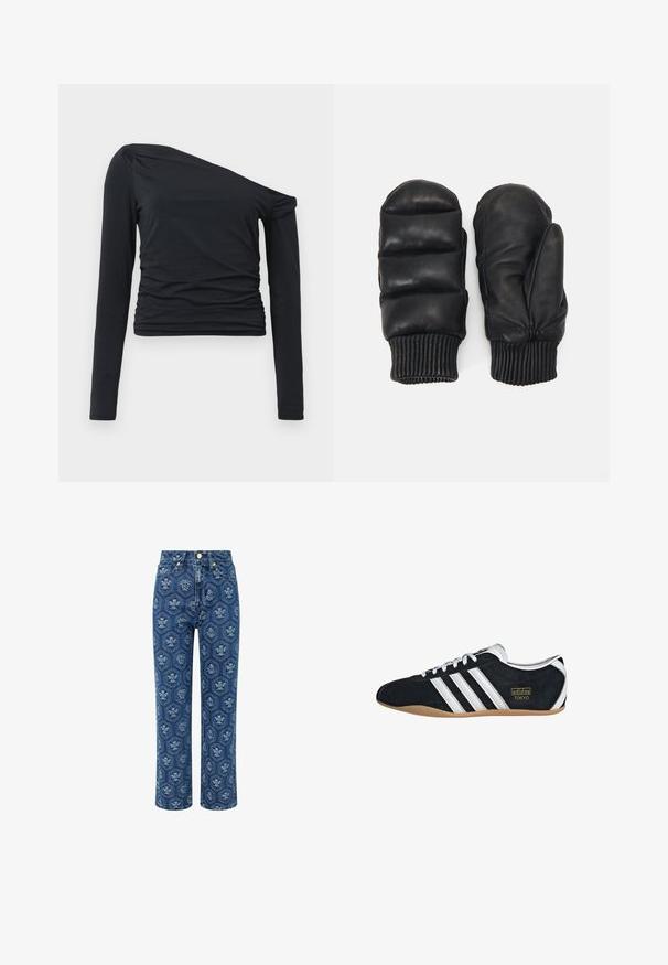 Top negro de manga larga con diseño de un solo hombro, que presenta una textura fruncida en el lateral. Confeccionado con una tela suave y elástica para mayor comodidad.; Jeans de mezclilla en azul oscuro con un estampado floral, de talle alto y diseño recto, con detalles en tono dorado y una textura sutil.; Zapatillas de ante negro con tres franjas blancas, logotipo dorado y suela de goma marrón. Presentan un diseño de cordones de perfil bajo.; Manoplas de cuero negro con un diseño acolchado, puños acanalados y una textura suave. Presenta una sección de pulgar separada para mayor destreza.