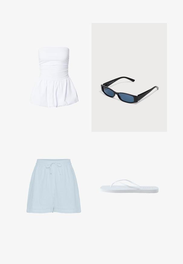 Witte strapless jurk met geplooide lijfje en geplooide rok, ontworpen om strak om de taille te zitten en uit te lopen bij de heupen.; Lichtblauwe katoenen shorts met een relaxte pasvorm, elastische tailleband en verstelbaar trekkoord. Beschikt over een zachte, gestructureerde stof en zijnaad.; Witte rubberen teenslippers met een gestructureerd voetbed en dunne Y-vormige bandjes, zijaanzicht op een witte achtergrond.; Zwarte zonnebril met een slank rechthoekig frame en blauwe lenzen. Heeft een gladde textuur en stevige pootjes. Merklogo aan de zijkant.