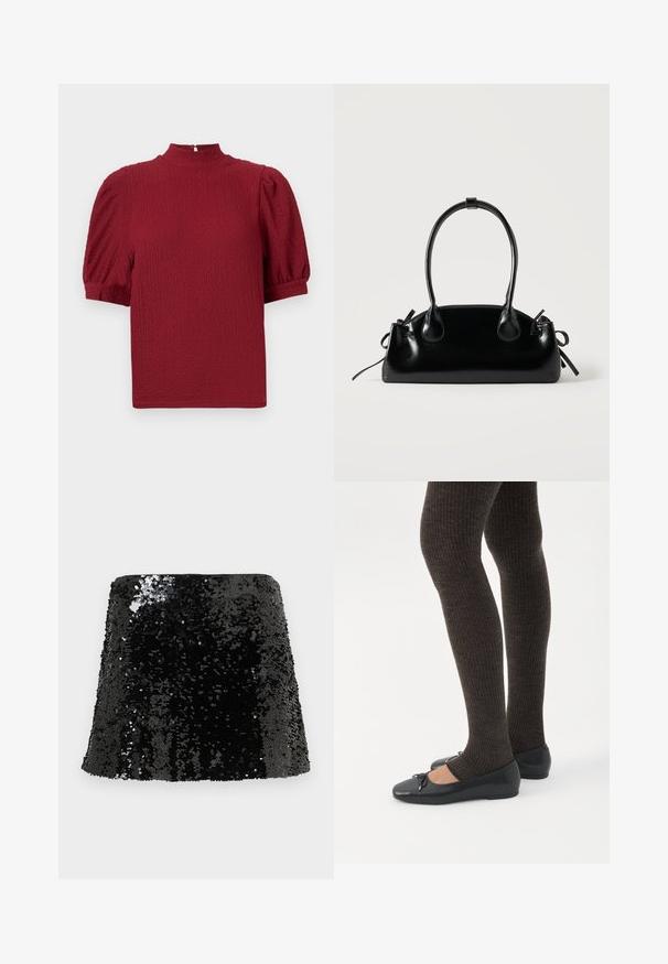 Haut texturé rouge avec un col montant, des manches courtes bouffantes et une fermeture à bouton à l'arrière. Tissu lisse avec un motif froissé subtil.; Mini-jupe noire à sequins avec une coupe ajustée, une texture brillante et une forme trapèze. Surface recouverte de sequins réfléchissants.; Jambes portant des leggings côtelés foncés associés à des ballerines noires avec de petits détails en nœud sur fond blanc.; Petit sac à main noir brillant avec deux longues anses et des détails à cordon sur les côtés sur un fond clair uni.