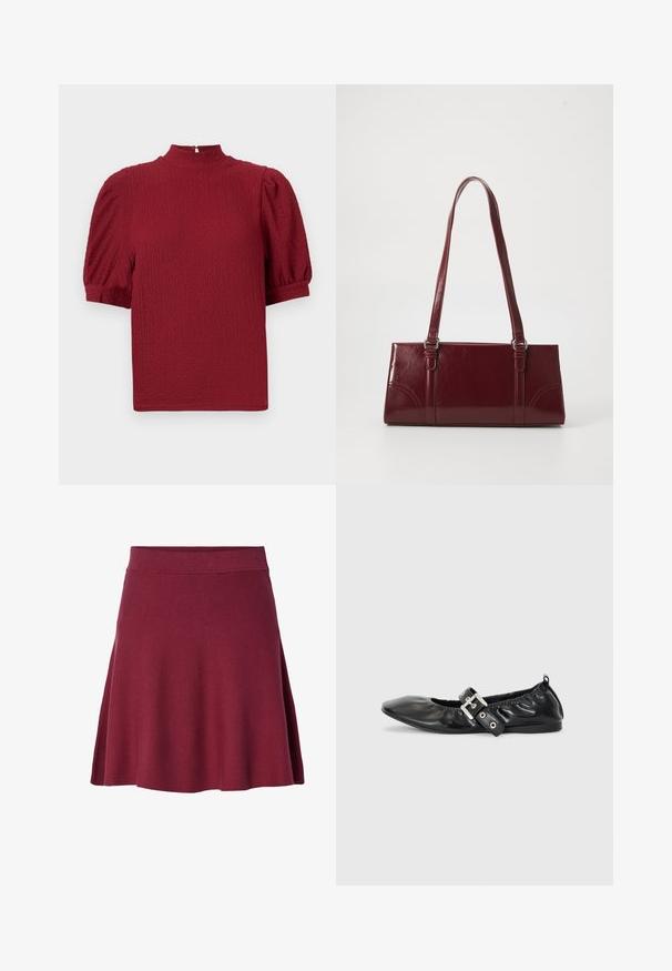 Top rojo texturizado con cuello alto, mangas cortas con volumen y cierre de botón en la parte trasera. Tela suave con un sutil patrón arrugado.; Falda burdeos de longitud hasta la rodilla, hecha de un tejido suave y elástico; diseño acampanado con una cinturilla lisa y sin cierres ni patrones visibles.; Zapato plano de piel negra con puntera afilada, detalle fruncido alrededor de la abertura y un acento de hebilla plateada en la correa ajustable.; Bolso burdeos hecho de material brillante, de forma rectangular, con dos asas para el hombro y sutiles acentos curvados en la parte frontal.