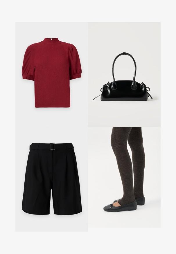 Top rojo texturizado con cuello alto, mangas cortas con volumen y cierre de botón en la parte trasera. Tela suave con un sutil patrón arrugado.; Pantalones cortos negros a medida con una textura suave, que presentan una cinturilla ancha y un detalle de hebilla metálica. Diseño estructurado y parte delantera con pliegues.; Piernas con leggings oscuros acanalados combinados con bailarinas negras que presentan pequeños detalles de lazo sobre un fondo blanco.; Pequeño bolso negro brillante con dos asas largas y detalles de cordón lateral sobre un fondo claro liso.