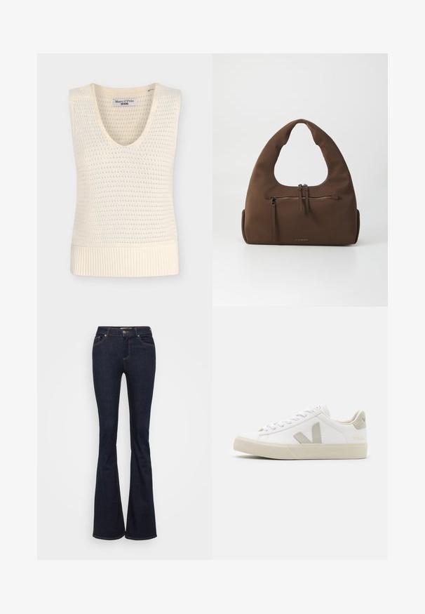 Kremfarvet ærmeløs strikket vest med V-hals og tekstureret mønster, ribkant, mærket Marc O'Polo Denim.; Mørkeblå udvidede jeans lavet af denim. Har fem lommer, lynlås foran og kontrasterende guldsytrådsøm langs sømmene. Glat tekstur.; Hvide sneakers lavet af læder med grå V-logo detaljer, struktureret gummisål, hvide snørebånd samt polstret tunge og krave.; Brun stof håndtaske med et unikt buet håndtag og en lynlåslomme foran. Har en glat tekstur og guldlogo-detalje.