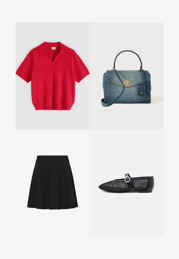 Rød kortærmet strikket poloshirt med V-hals og ribbet kant vist på en lys grå baggrund.; Sort plisseret mininederdel med tilpasset talje, udvidet silhuet og glat stoftekstur, der passer til både afslappet og formelt brug.; Sorte net mesh Mary Jane flade sko med rund tå, justerbar rem, sølv spænde og solid hælkappe på hvid baggrund.; Denim håndtaske med top-håndtag, justerbar skulderrem, guldlås med RL-logo og en lille tilføjet denimtag med knapdetalje.