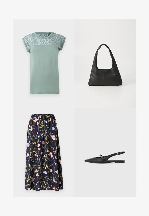Muntgroene t-shirt met korte capmouwen, voorzien van een gegolfde kantoverlay op de schouders. Zacht materiaal, ronde halslijn en rechte zoom.; Navy bloemenrok met een elastische tailleband, voorzien van een print van roze, blauwe en groene bloemen op een gestructureerde stof.; Zwarte leren slingback schoenen met een spitse neus, voorzien van een smalle band en een zilveren gesp aan de zijkant. Platte zool.; Zwart leren handtas met een triangulaire vorm, een grote uitsparingshandgreep en gedetailleerde stiksels langs de randen. Glad textuur.