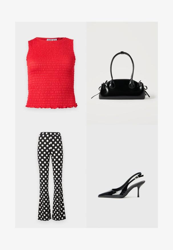 Ärmelloses rotes Crop-Top mit gerafftem, strukturiertem Stoff und kleinem, gerafftem Saum entlang des unteren Randes.; Schwarze, ausgestellte Hose mit großen weißen Punkten und einem elastischen Bund, präsentiert vor einem schlichten hellen Hintergrund.; Schwarze Lackleder Slingback-Pumps mit einer spitzen Zehe und schlankem Absatz. Mit einem verstellbaren Schnallenriemen hinten. Glatte Textur.; Kleine schwarze glänzende Handtasche mit zwei langen Griffen und seitlichen Kordelzug-Details vor einfachem hellem Hintergrund.