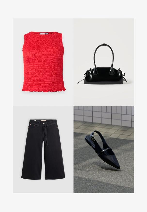 Ærmeløs rød crop top med rynket tekstureret stof og lille flæsekant langs bundkanten.; Sorte brede denimbukser har en snor i livet, bæltestropper, kobberdetaljer og en ren finish. Stoffet er robust og struktureret.; Sort flad slingback med spids tå og dobbelte spænder, hvilende på grå asfalt nær flisevæg.; Lille sort blank håndtaske med to lange håndtag og snøre-detaljer i siden på en ensfarvet lys baggrund.