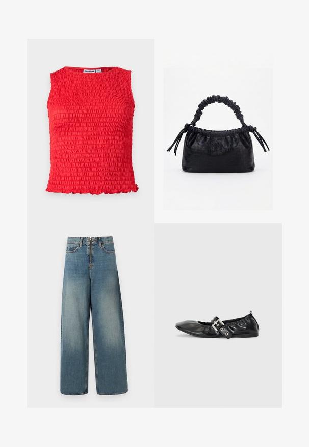 Ærmeløs rød crop top med rynket tekstureret stof og lille flæsekant langs bundkanten.; Vidde ben denim jeans i en lys blå vask. Har en lynlås med knaplukning og subtil falming for et brugt look.; Sorte læder flade sko med spids tå, samling detaljer omkring åbningen, og en sølv spænde accent på den justerbare rem.; Sort taske med krokodilletekstur, rynket øverste kant, samlet hank og snore med kvaster på hver side mod en hvid baggrund.
