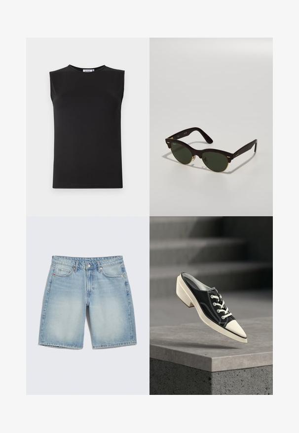 Haut sans manches noir en tissu lisse et extensible. Présente un col rond et une silhouette ajustée. Pas de motifs ni d'accents visibles.; Shorts en denim bleu clair avec poches avant, passants pour ceinture et fermeture à bouton, présentés sur un fond blanc uni.; Chaussure noire et blanche à petit talon avec lacets, flottant au-dessus d'une surface en béton gris avec des escaliers en arrière-plan.; Lunettes de soleil en écaille de tortue avec des verres verts, de forme vintage, accents en métal doré fins, et un design de monture élégant.