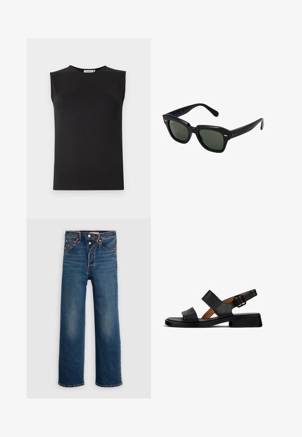 Schwarzes ärmelloses Oberteil aus glattem, dehnbarem Stoff. Merkmale einen runden Ausschnitt und eine figurbetonte Silhouette. Keine sichtbaren Muster oder Akzente.; Dunkelblaue Jeans aus Denim mit lockerem Sitz. Verfügt über fünf Taschen, Knopfverschluss und dezentes Verblassen an den Oberschenkeln.; Schwarze Leder-Sandale mit zwei horizontalen Riemen und einem geschnallten Knöchelriemen. Flache, strukturierte Sohle mit einem leichten Absatz und einer glatten Oberfläche.; Schwarze quadratische Sonnenbrillen mit dunkelgrünen Gläsern, ausgestattet mit markanten Rahmen und silbernen Akzenten an den Seiten. Hergestellt in Italien.
