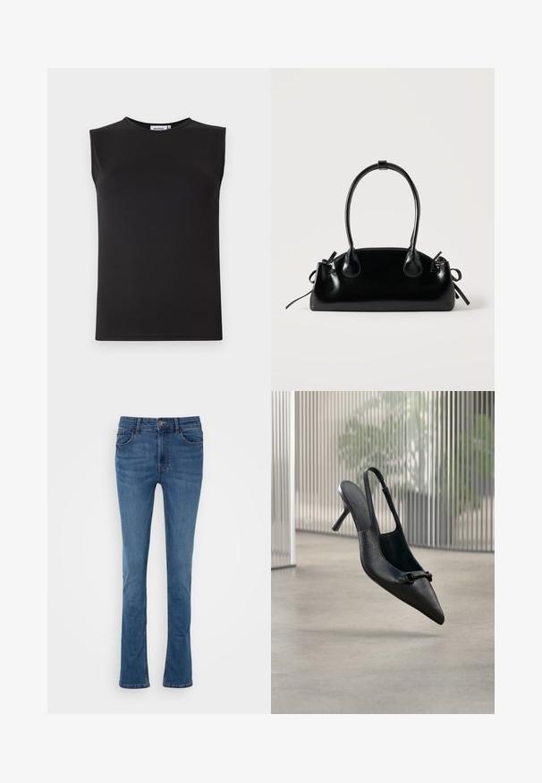 Haut sans manches noir en tissu lisse et extensible. Présente un col rond et une silhouette ajustée. Pas de motifs ni d'accents visibles.; Jeans évasés en denim bleu avec cinq poches, passants de ceinture et fermeture à bouton à l'avant. Présente une texture lisse et un léger délavage.; Chaussure à talon haut à bride arrière en cuir noir texturé avec un bout pointu et une petite boucle décorative, flottant au-dessus d'un sol lisse.; Petit sac à main noir brillant avec deux longues anses et des détails à cordon sur les côtés sur un fond clair uni.