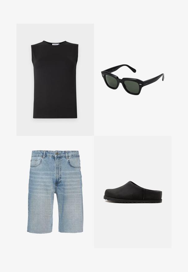 Schwarzes ärmelloses Oberteil aus glattem, dehnbarem Stoff. Merkmale einen runden Ausschnitt und eine figurbetonte Silhouette. Keine sichtbaren Muster oder Akzente.; Jeansshorts in hellblau, mit einem klassischen Fünf-Taschen-Design, Knopfverschluss, geradem Schnitt und subtilen Ausbleichungen im Stoff.; Schwarzer Slip-On-Clog mit geschlossenem Zehenbereich, niedrigem Absatz und Gummisohle, isoliert auf weißem Hintergrund.; Schwarze quadratische Sonnenbrillen mit dunkelgrünen Gläsern, ausgestattet mit markanten Rahmen und silbernen Akzenten an den Seiten. Hergestellt in Italien.