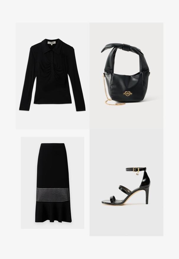 Sort langærmet top med krave, der har en knaplukning og rynkede detaljer foran. Glat stof med en tætsiddende design.; Sort ribbet strikket blyantskirt med en udvidet bund og en midtersektion af sølvfarvede cirkulære udskæringer. Glat tekstur, tætsiddende design.; Sorte patenterede lædersandaler med tre stropper, ankelspænde og 10 cm stiletthæl. Har detaljer i guld og et logo charms.; Sort blød læder Love Moschino håndtaske med knyttet håndtag og guldkæde-strop på hvid baggrund.