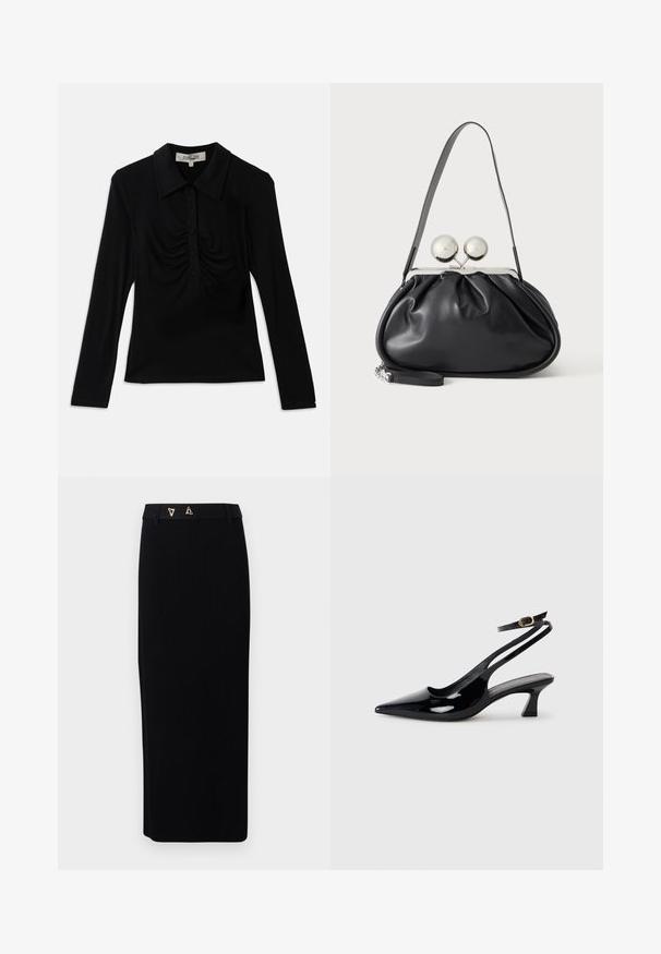 Zwarte lange mouwen top met een kraag, voorzien van een knoopsluiting en geraffineerde details aan de voorkant. Gladde stof met een aansluitend ontwerp.; AERON FORUM - Kokerrok - black; Zwarte gepatineerde leren slingback hakken met een puntige neus, lage blokhak en een verstelbare enkelband met een gouden gespsluiting.; Zwarte leren handtas met een geplooid ontwerp, een enkele schouderband, zilverkleurige metalen omlijsting en twee grote ronde zilveren sluitingen.